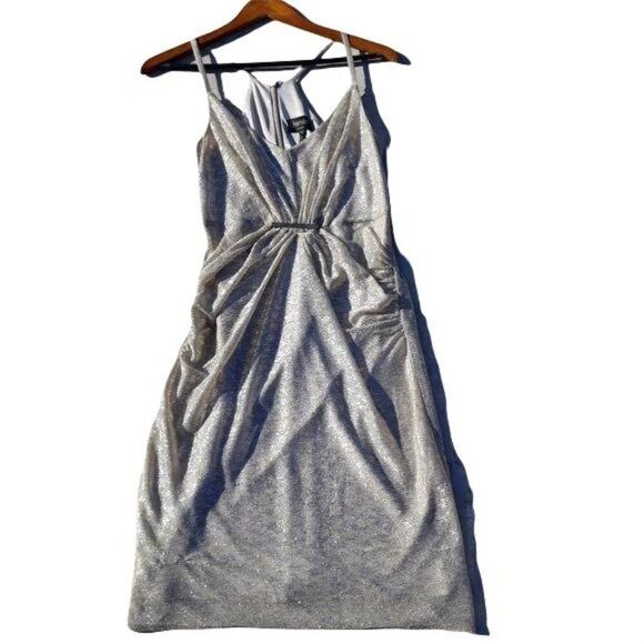 Shelli Segal Metallic Gold Strappy Racerback Ruched Mini Cocktail Dress Sz 6 - Picture 1 of 16